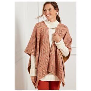 Talbots Tan Brown&Orange Campfire Plaid Toggle Closure Cape Ruana Sz.XS/S